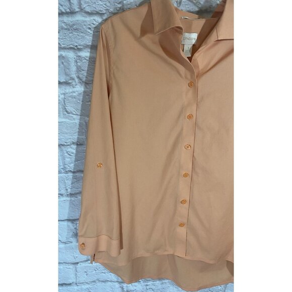 CHICOS 1 Medium Peach Button Up No Iron Tunic Top Shirt Roll Tab Sleeve Collared - Picture 3 of 6